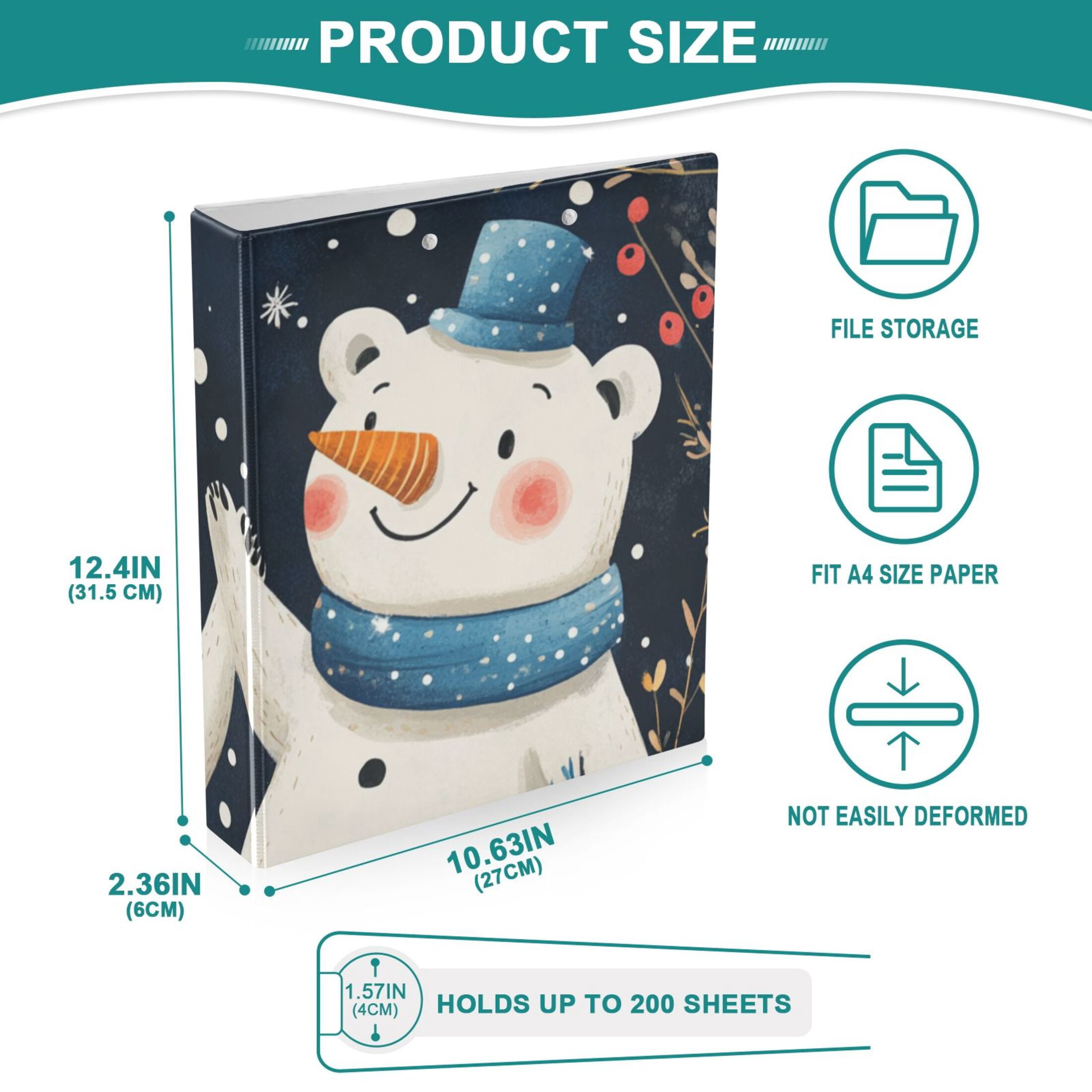 Bears Snowman 3 Ring Binders 1.5 inch Hardcover File Folders with Interior Pockets A4 Size Organizer for School Office Hospital