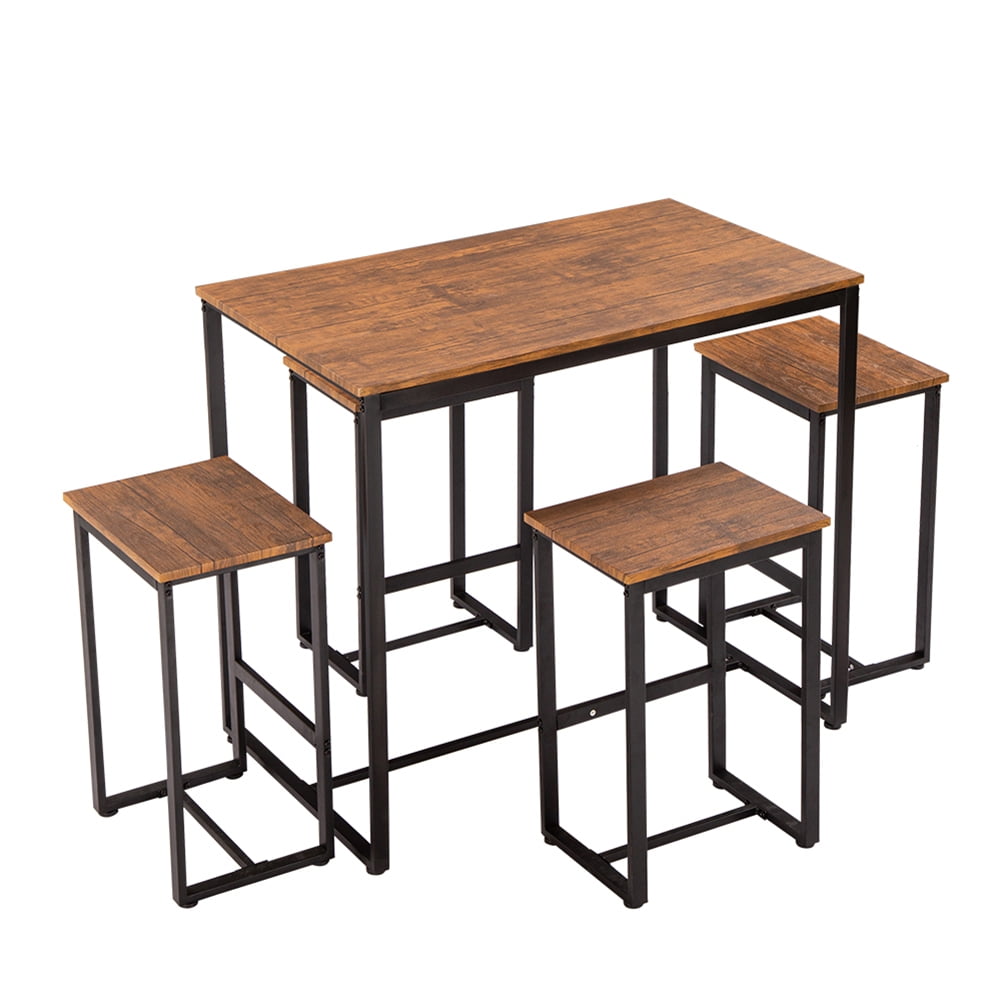 Kadyn Bar Table And Chair Set Of 5, Breakfast Bar Table and Stool Set, Minimalist Dining Table with Backless Stools, Light Walnut Color