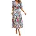 thumbnail image 1 of xiaxaixu Robe Longue d'Été pour Femme, Ligne A, Manches Courtes, Col en V, Motif/imprimé Floral, Robe de Plage, 1 of 6