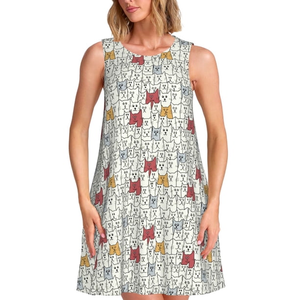 Fotbe Funny Cat White Vestido de Verano sin Mangas para Mujer – Vestido Midi Línea A, Estilo Camiseta Floral, Vestido Playero Casual y Fluido