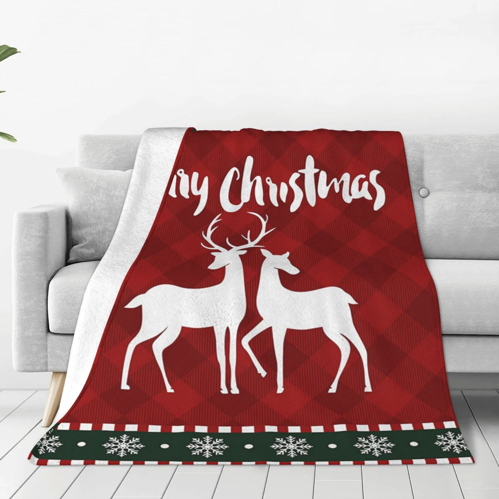 Red Buffalo Plaid Flannel Throw Blanket, Merry Christmas Elk Soft Cozy