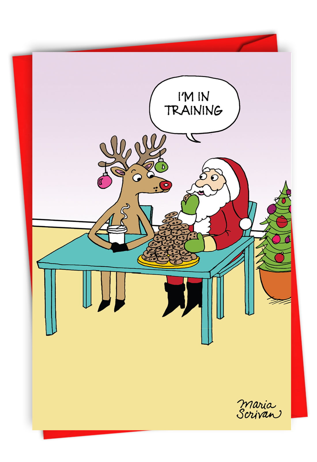 Merry Christmas Card Cartoon Funny Santa Claus & Reindeer, Holiday