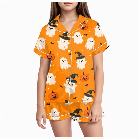 enyan Halloween Pjs Girls Pumpkin Pajama Set Ghost Pjs Jammies Short Sleeve Button Down Lounge Sleepwear Girls' Pajama Sets(Yellow,2-3 Years)