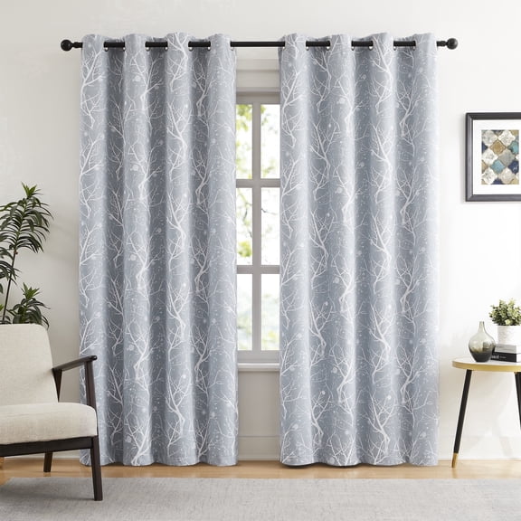 Flowpartex White Tree Branches Print Blackout Grommet Curtain, Set of 2, Chambray Blue, 52" W x 84" L