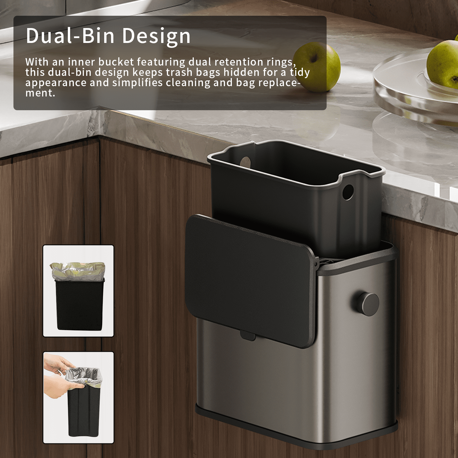 Mrbin Stainless Steel Compost Bin Hanging Trash Can for Kitchen Cabinet Door, 1.5gal / 6L Indoor Recycle Basket Countertop Food Waste Bin Under Sink with Inner Bucket Recycle Bin