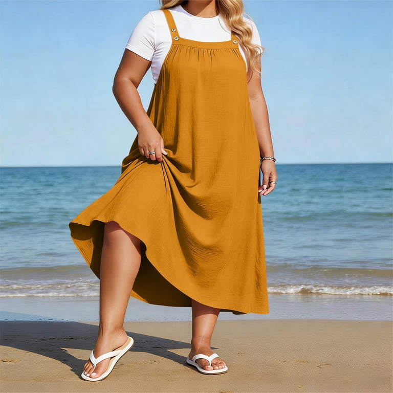 casual yellow plus size dress UTTOASFAY Womens Plus Size Dresses Women Plus Size Daily Casual Dress Open Shoulder Vintage Loose Boho Maxi Dress Yellow L
