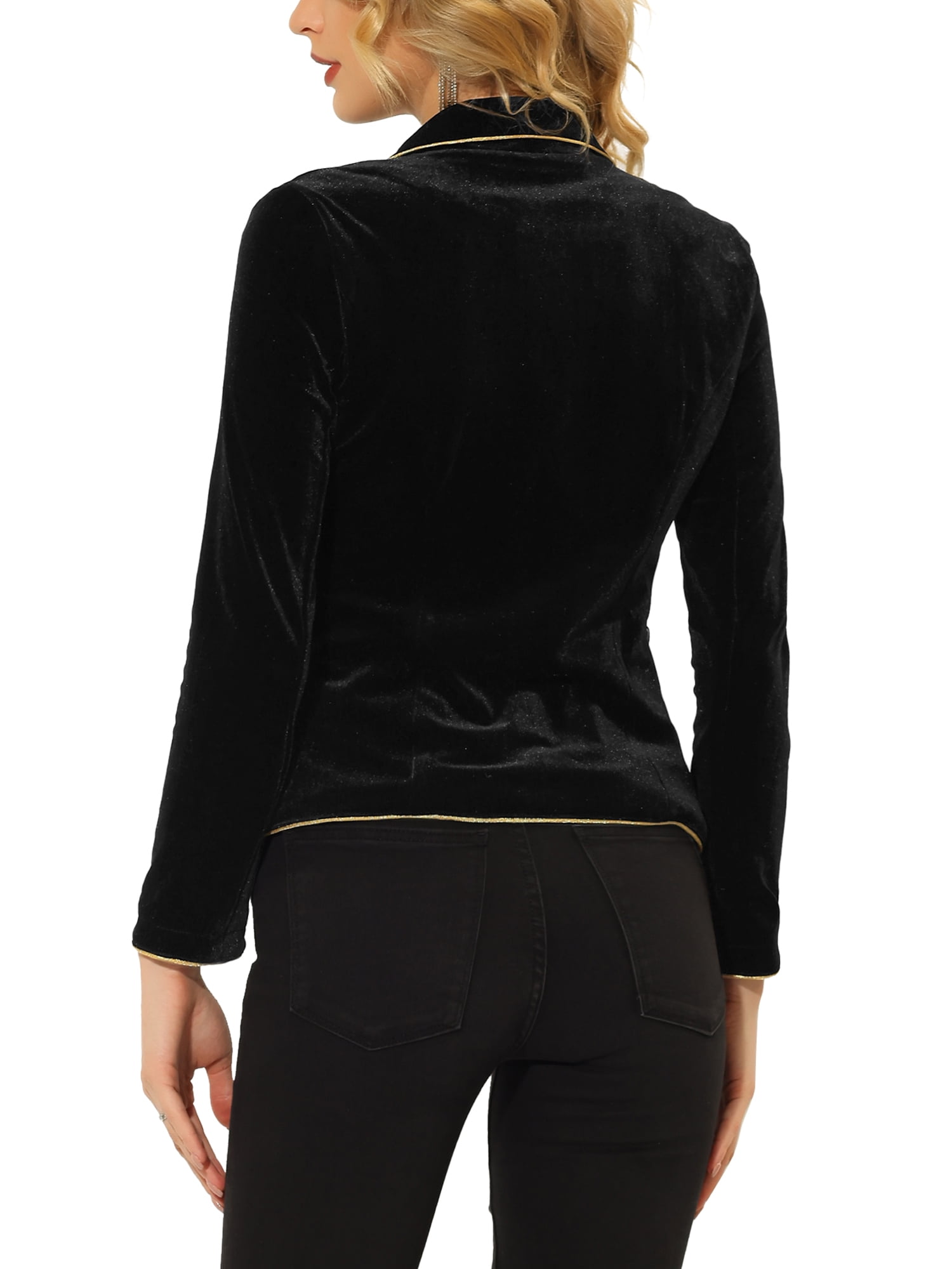Unique Bargains Women's One Button Notched Lapel Long Sleeves Velvet Blazer XL Black