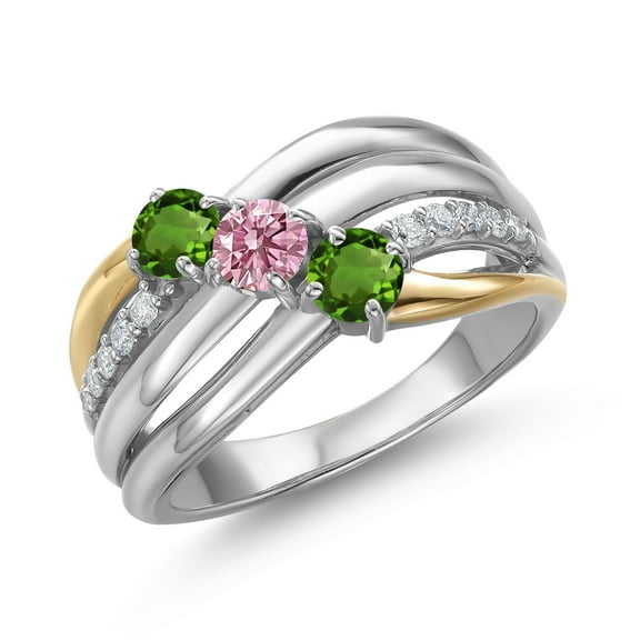 Gem Stone King 925 Silver and 10K Yellow Gold Green Tourmaline and Pink Lab Grown Diamond Engagement Ring for Women | 0.90 Cttw | Round 4MM | October Birthstone | Size 9