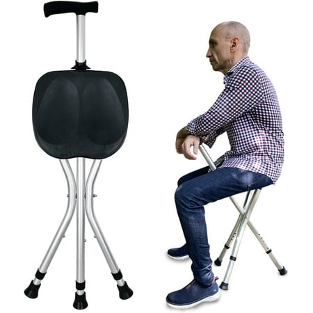 Portable Adjustable Folding Walking Cane with Seat Allows Durability While Walking and Convenience for Sitting, Alloy Crutch Chair, Anti-Slip Lightweight Walking Stick for Seniors