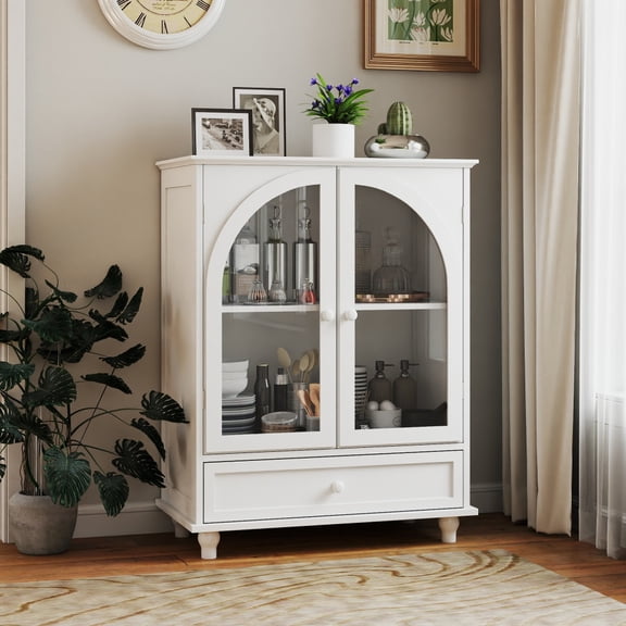 Farmhouse Sideboard Storage Cabinet with Arched Glass Door, Tiered Top and 1 Drawer, Buffet Pantry Cabinet for Kitchen, Living Room and Coffee Bar, Soft White Finish