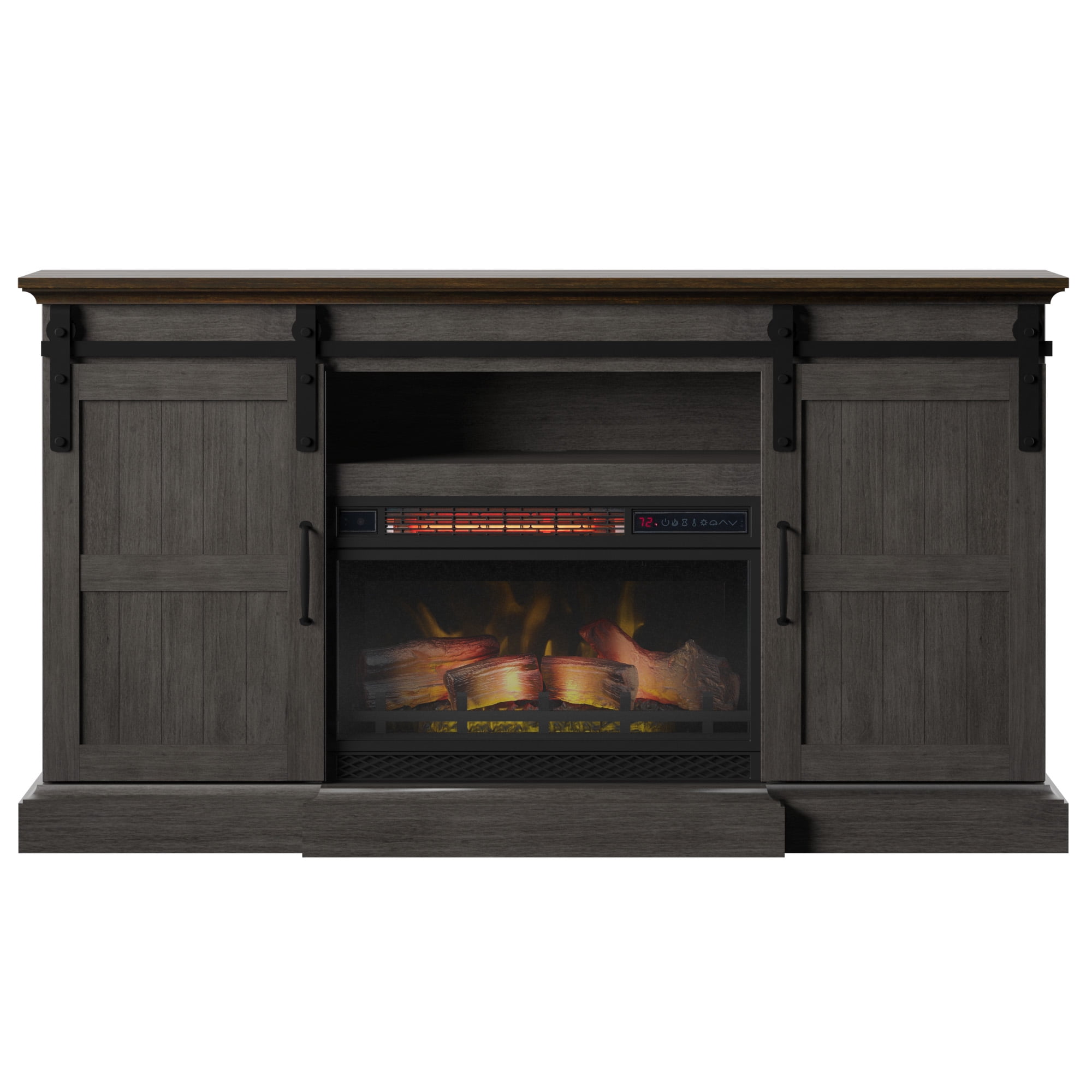 Twin Star Home Sliding Barn Door TV Stand for TVs up to 70” with Electric Fireplace in Gray