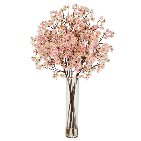 Nearly Natural 32in. Artificial Cherry Blossom Arrangement with Glass Cylinder Vase, Pink