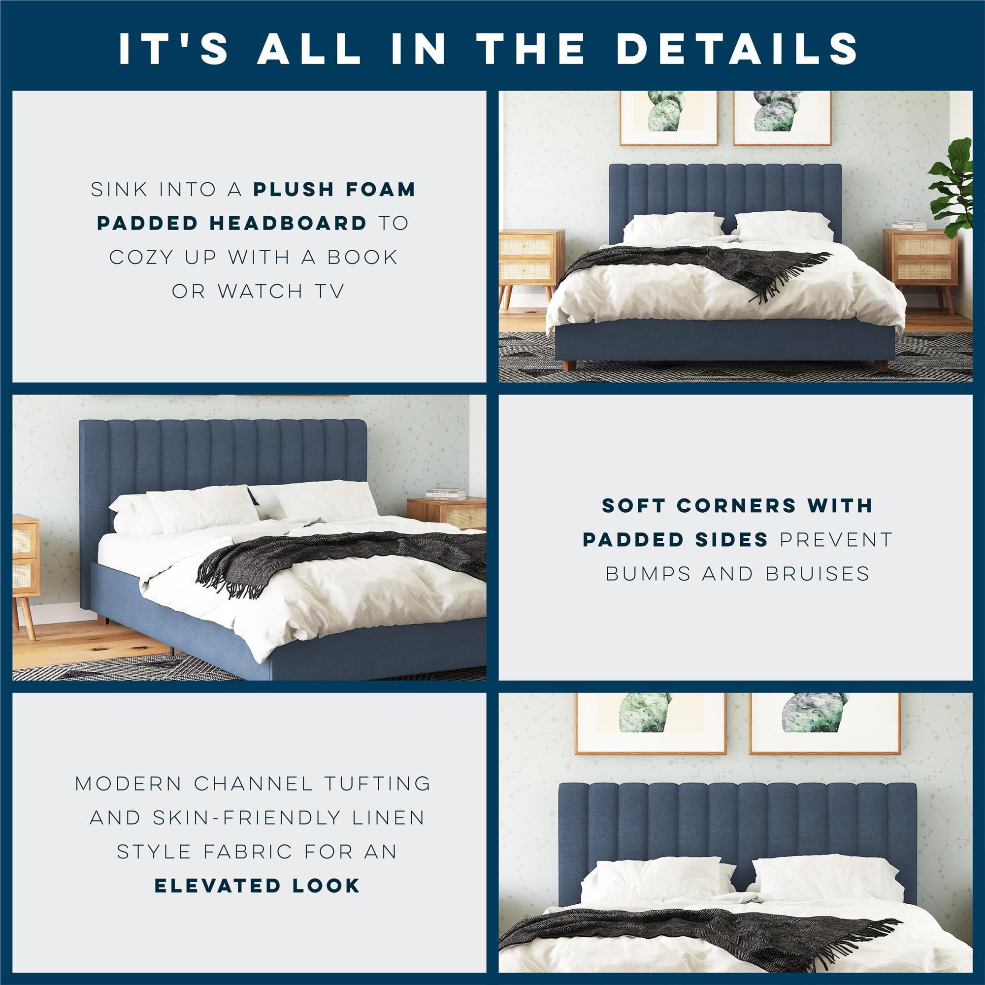 Novogratz Brittany Tufted Upholstered Bed Frame, Queen, Blue Linen