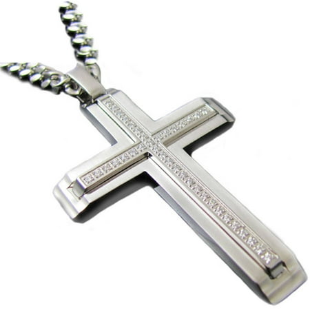 Men's Polished Stainless Steel CZ Cross Pendant, 24 Cuban Chain
