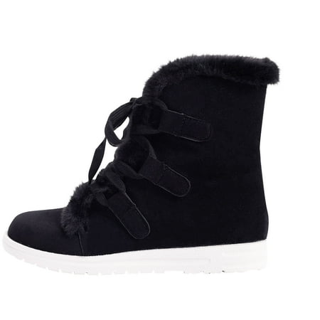 

Xfvqtps Womens Mid Calf Boots Suede Leather Plush Lining Fuzzy Lace up Solid Color Internal Elevation Soft Sole Non Slip Comfortable Warm Winter Short Boots Black