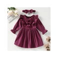 thumbnail image 2 of Franhais Kids Autumn Outfit, Solid Color Bowknot Round Neck Long Sleeve Ruffle Dress+ Headband for Girls, 1-6 Years, 2 of 9