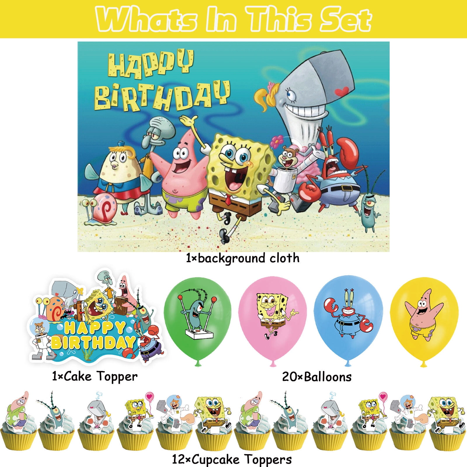34 PCS For Spongebob Cartoon Theme Party Decorations Set,With 5*3ft Birthday Backdrop Decorations,20 Balloons,13 Cupcake Toppers Balloons,for Boy Girls Party Supplies Set