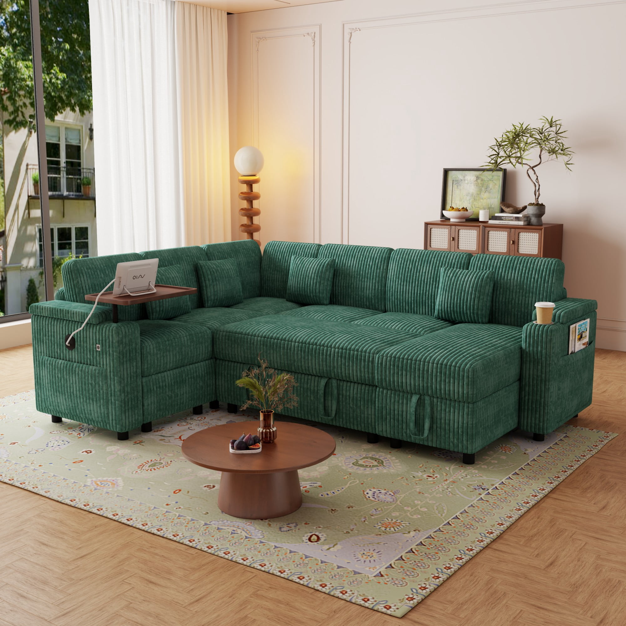 BSHTI 100" Corduroy U‑Shaped Convertible Pull‑Out Sofa Bed with USB Ports, Desk & Cup Holder for Living Room,(Green)