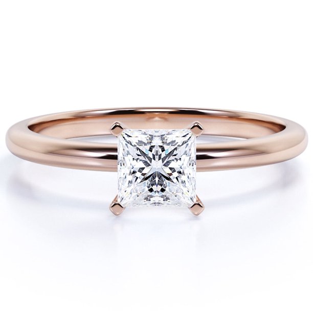 JeenMata Anillo Solitario de 4 Puntas y Corte Princesa de 3 Quilates, Chapado en Oro Rosa de 18 K sobre Plata