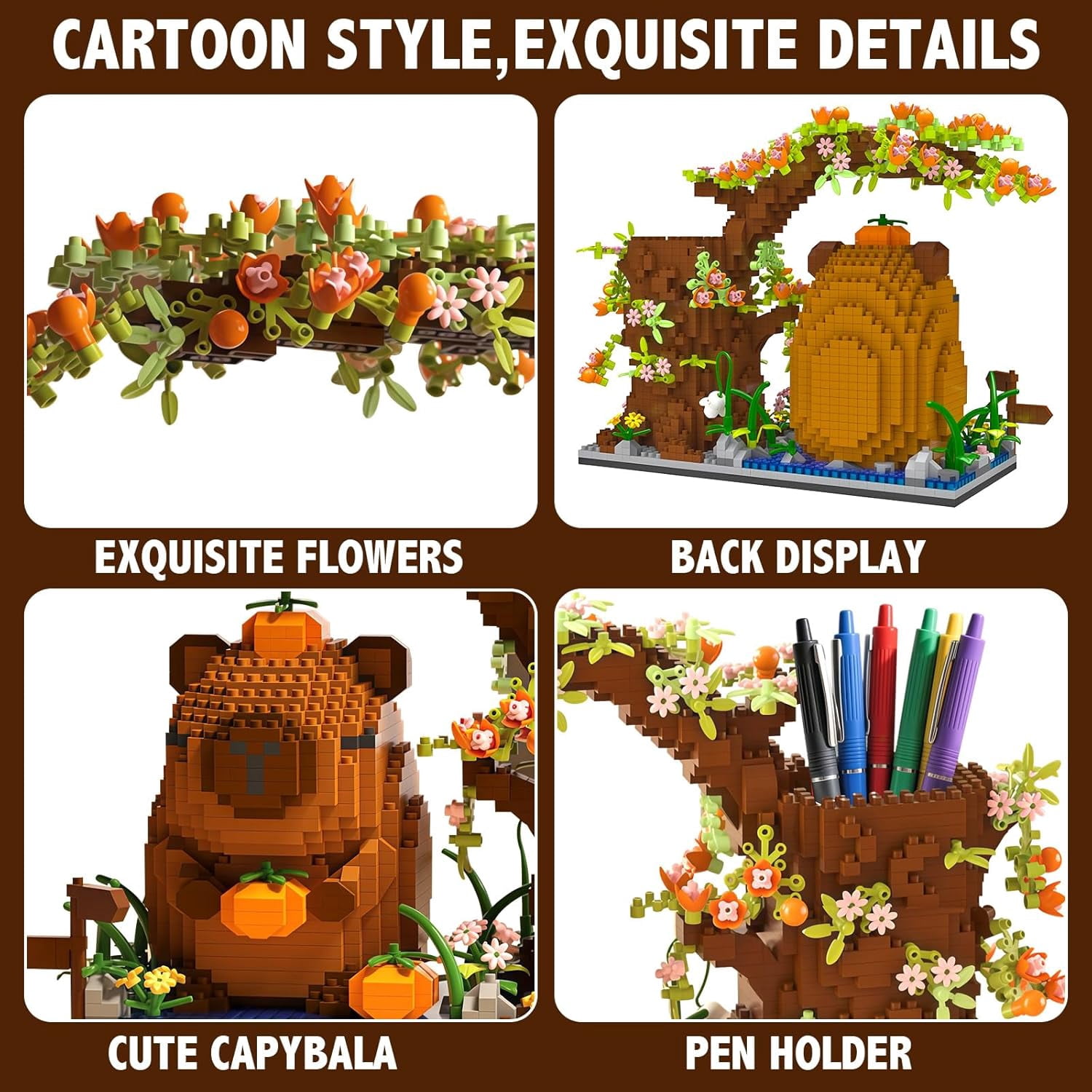 1880PCS Capybara Building Blocks Kit，Cute Animal Floral Desk Organizer Pen Holder for 8+ Kids Teens Adults