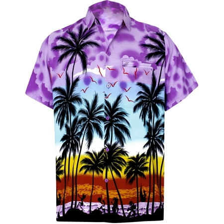 Palms Button - Hawaiian Shirt Mens Beach Aloha Camp Party Holiday Button Down Pocket Palm Tree Print Q