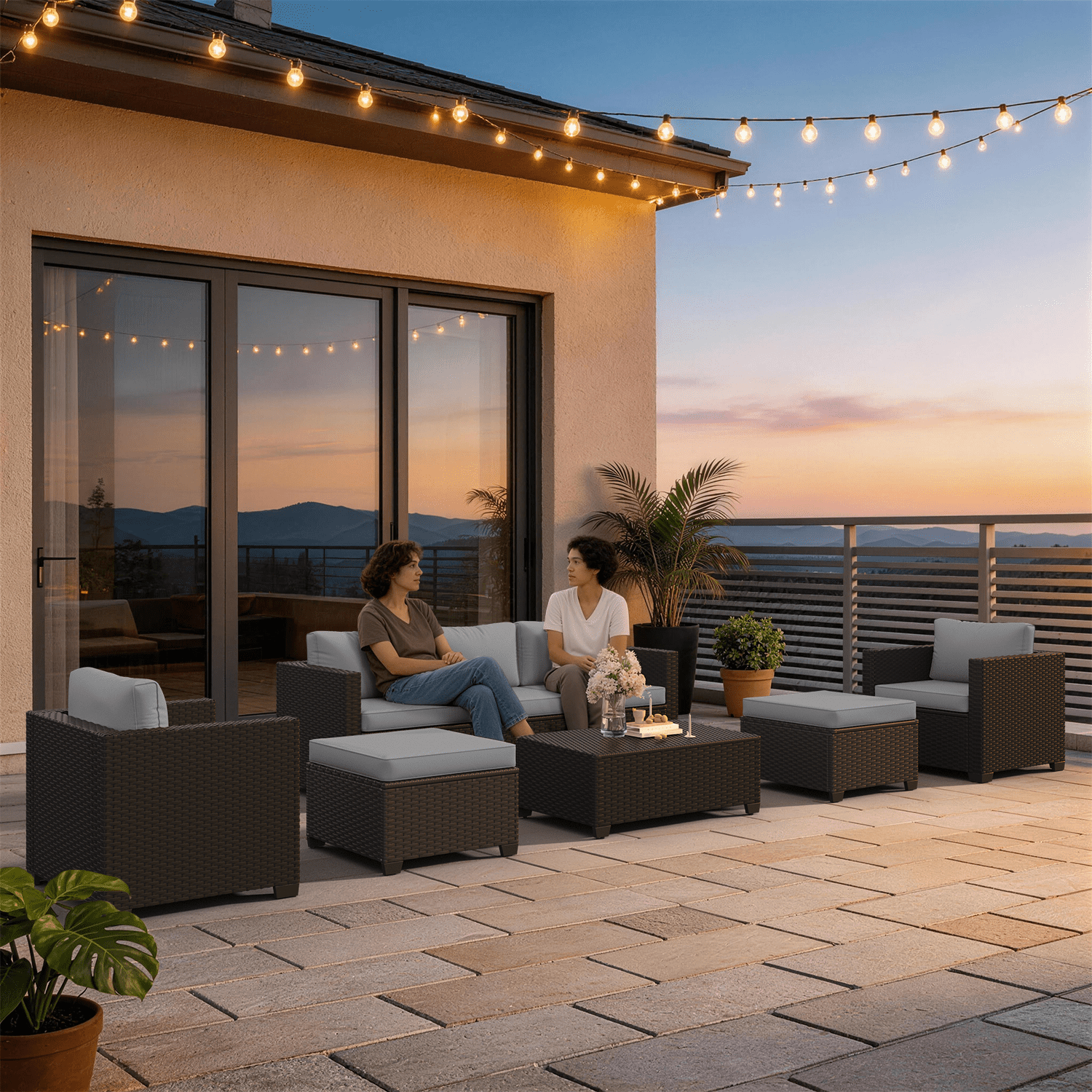Sunmthink 8 Piece Patio Furniture Set, Rattan Wicker Patio Conversation Set Outdoor Furniture, Light Gray