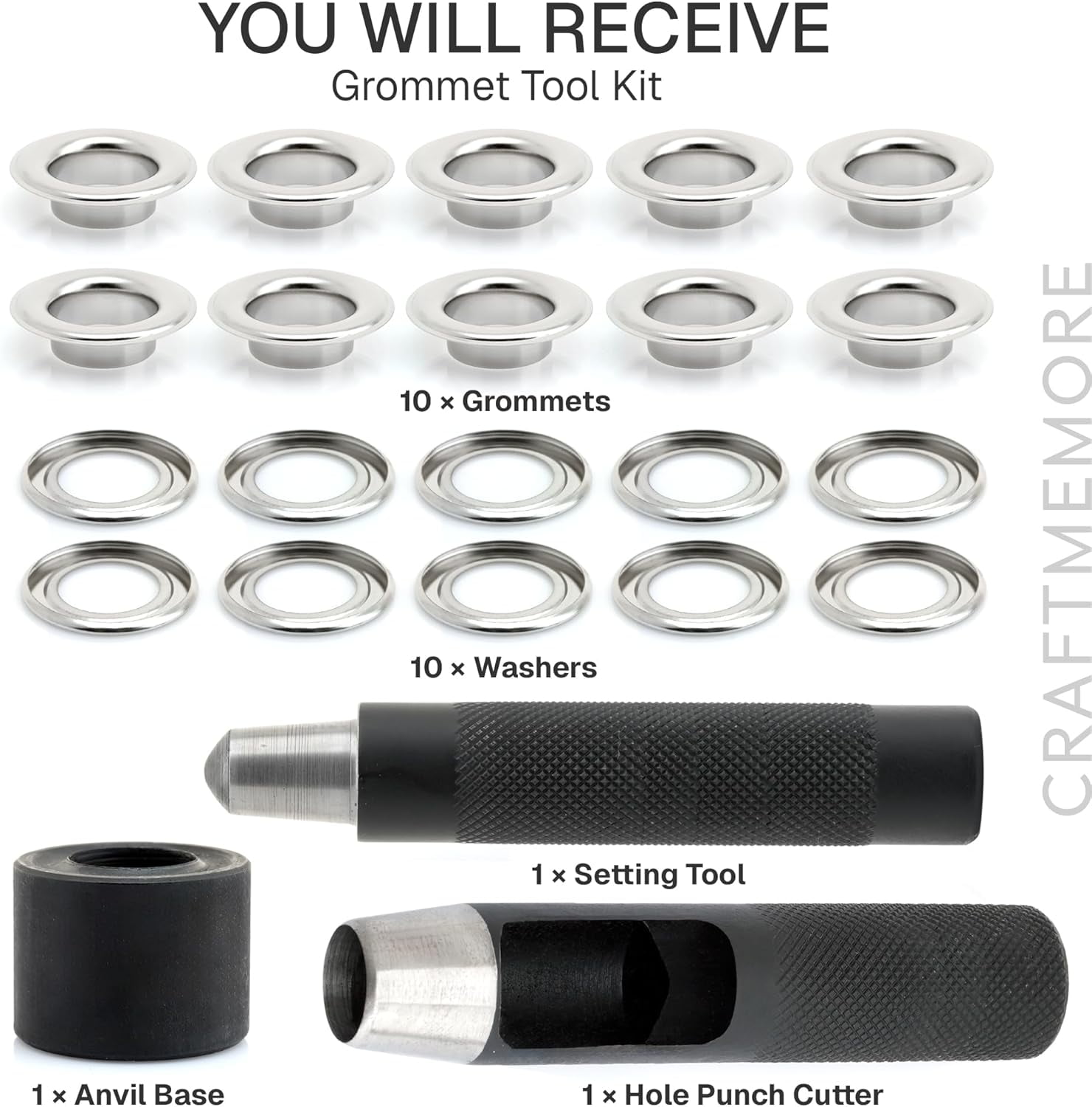 1/2" Grommet Tool Kit Eyelet Setting Tool Grommet Setter Hole Punch Cutter & Pack of 10 Grommets (1/2 (13mm) Inside Diameter)