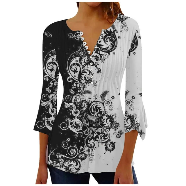 3/4 Sleeve Tops for Women Womens Casual Trumpet 3/4 Sleeve Solid Buttoned Basic Ruched Corset Tunic Tops Pleated T-Shirts Blouses 3/4 Sleeve T Shirts for Women