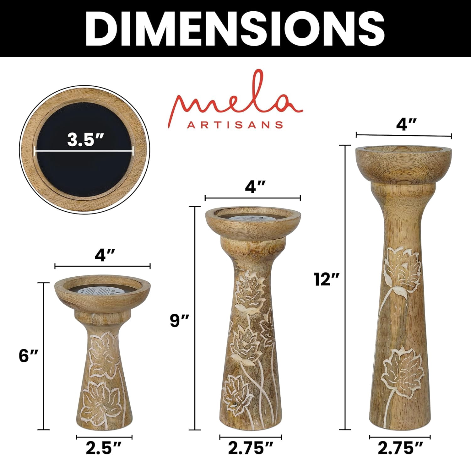 Mela Artisans Lotus Vine Candle Holders for Pillar Candles Set of 3, Mango Wood Candle Holder Set, Whitewash, 6" x 9" x 12"