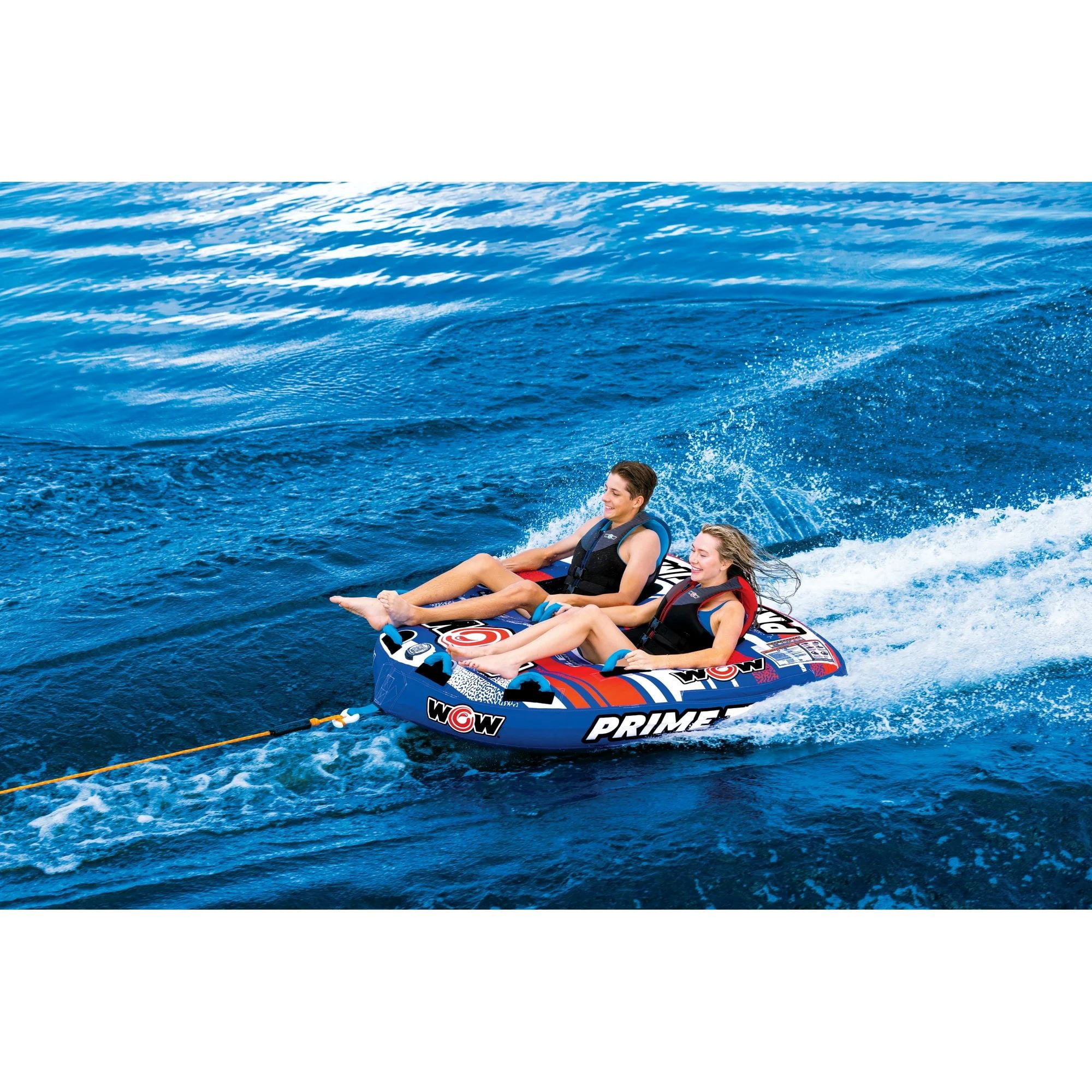 WOW Watersports Prime Time 2 Person Inflatable Towable Tube for Boating, Children to Adults 12+ and WOW Sports 2K Tow Rope for Boating, Towables and Watersports, 60 ft