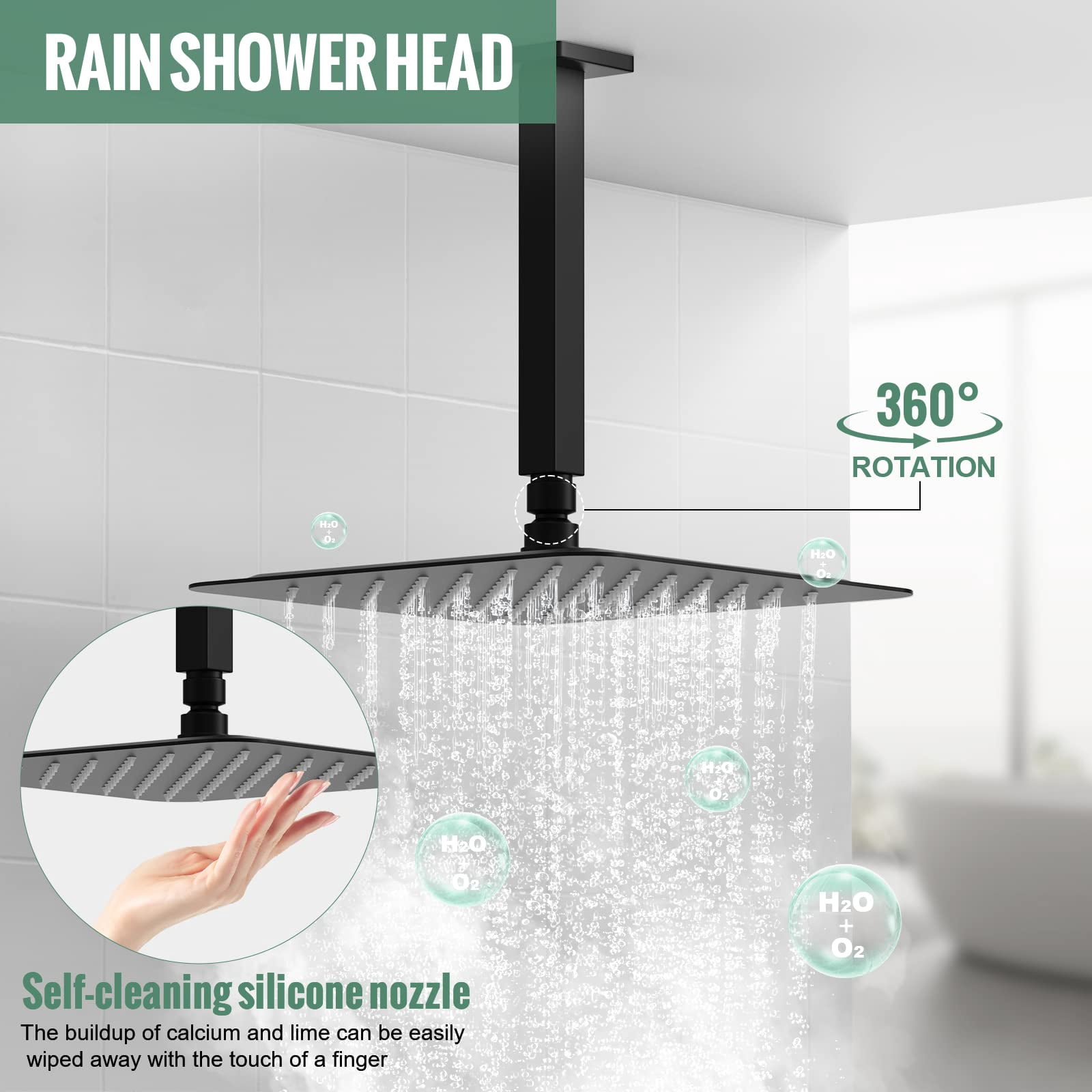 SunCleanse 12 Inches Rainfall Shower System Matte Black Ceiling Mounted Shower System Combo Set with High Pressure Square Rain Shower Head Handheld and Shower Faucet Rough-in Mixer Valve and Trim