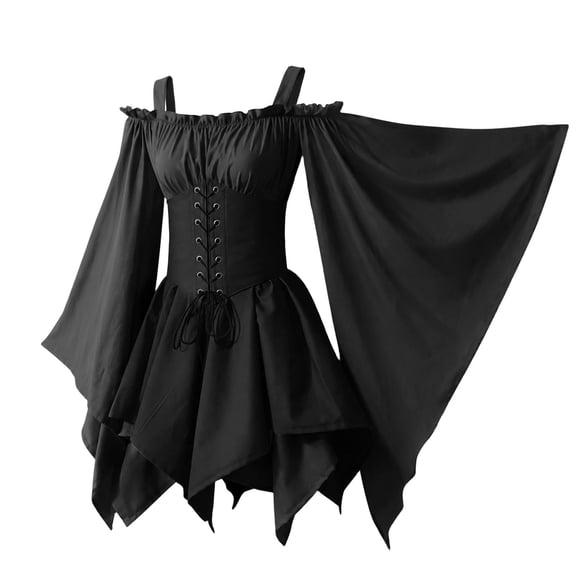 Hurxie Women Plus Size Punk Cold Shoulder Flare Sleeves Lace Gothic Dress