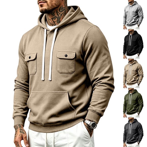 Men's Cargo Hoodies Quarter Zip Sweatshirts Tactical Pullover Casual Gym Athletic Loose Hooded Sweatshirts