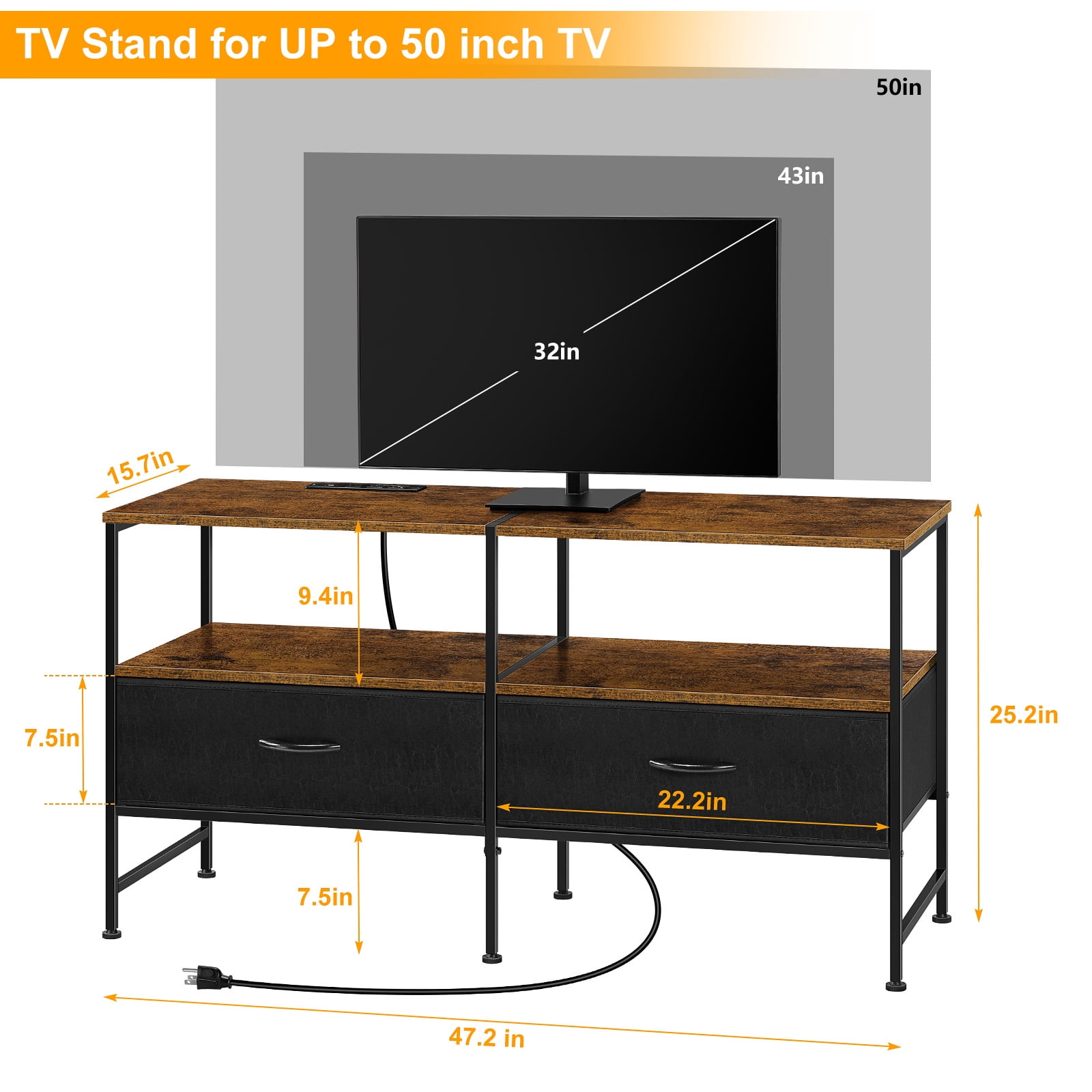 25"H Raised TV Stand Industrial TV Stand with Fabric for Living Room, Bedroom with Charging Stake Brown