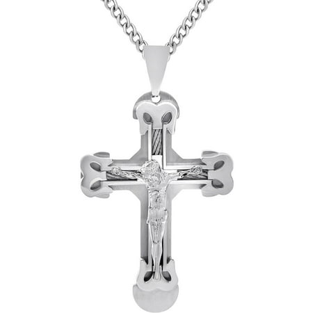 AMERICAN STEEL STAINLESS STEEL JEWELRY CROSS WITH CABLE INLAY AND SILVER TONE IP PLATED JESUS RELIGIOUS CRUCIFIX PENDANT NECKLACE INSPIRATIONAL WITH CHAIN