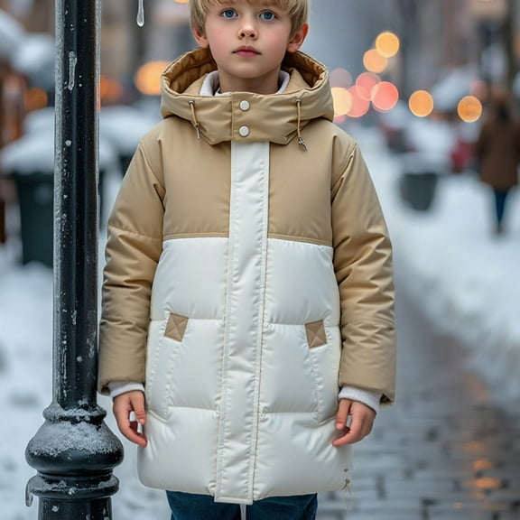 AUNVITO Boys & Girls Winter Down Coat Color Block Hooded with Pockets Thermal Lined Thickened Mid-Length Parka Outdoor Warmth Style