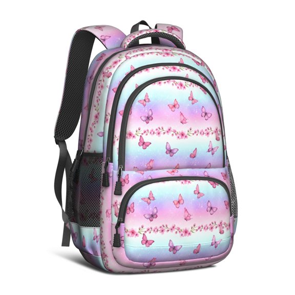 Butterfly and Cherry Blossom Pink Pattern Cute School Backpack Bag with Padded Back and Adjustable Shoulder Straps 16.9 X 12.6 X 5.9 Inches