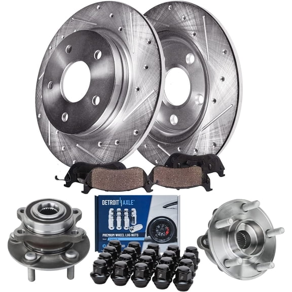 Detroit Axle - Rear Brake Kit for 2014 Lincoln MKZ, 11.89'' inch Drilled & Slotted Brake Rotors Ceramic Brake Pads Wheel Bearing & Hubs Wheel Lug Nuts Replacement