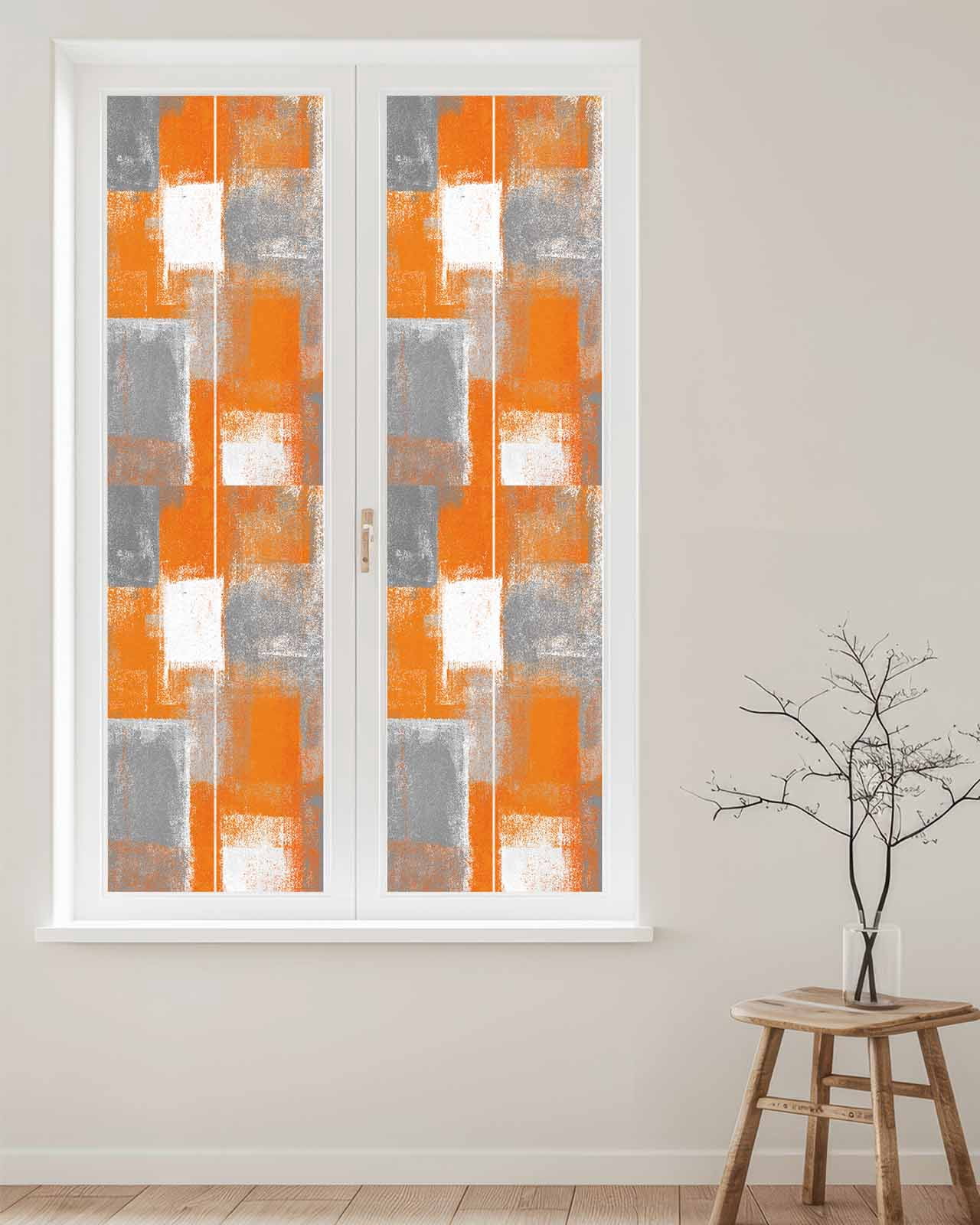 Window Privacy Film Burnt Orange Grey Stained Glass Window Film Decorative Sun Block Window Cover Modern Oil Painting White Geometric Window Clings Static Adhesive Sticker for Bathroom 17.7"x78.7"