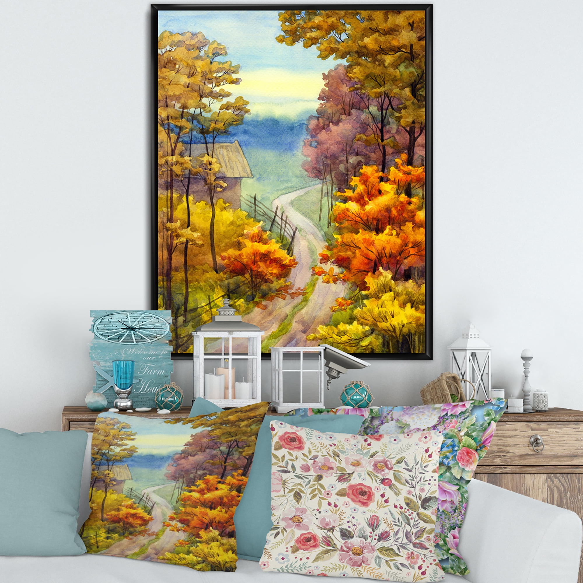 Little Road Through VIbrant Autumn Scene 24 in x 32 in Framed Painting Canvas Art Print, by Designart