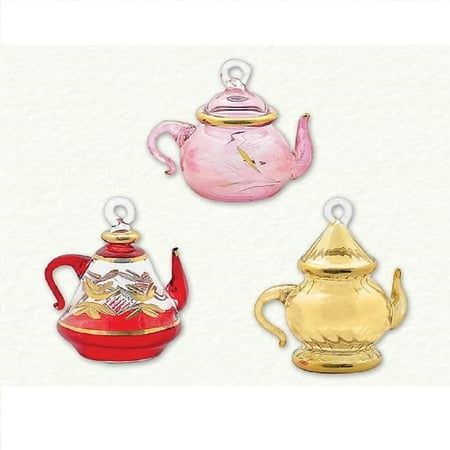 Red Yellow and Pink Mini Teapot Egyptian Glass Christmas Tree Ornaments Set of