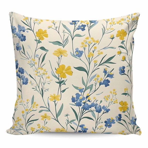 Throw Pillow Covers 24x24 Inch, Seasonal Botanical Blooms Decorative Pillow Cases for Couch Sofa Bed, Blue Yellow Flowers Cotton Linen Square Home Decor Pillowcases with Hidden Zipper