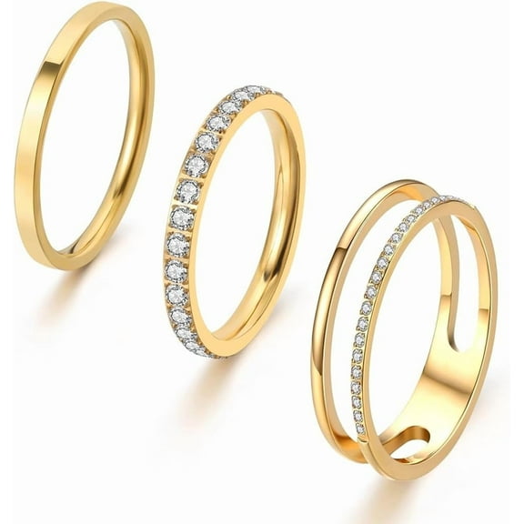 18K Gold Filled Rings for Women Dainty Cubic Zirconia Dual Stacking Stackable 3 Rings Set | Eternity Band for Women | Thin Gold wedding band Thumb Ring