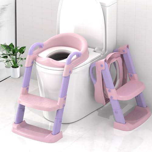 Potty Training Seat with Step Stool Ladder, Toddler Potty Training Toilet for Boys Kids, Potty Chair Adjustable Potty Seat for Toilet with Anti-Slip Wide Steps Splash Guard Safety Handles