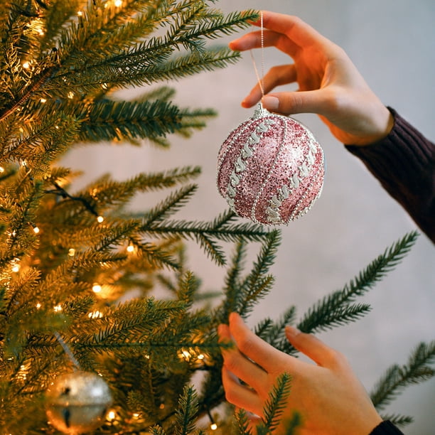 Ireezec Pink Glitter Foam Christmas Ball Ornament Hanging Decoration for Holiday Tree Party Festive Decorations Indoor Outdoor Xmas Decor
