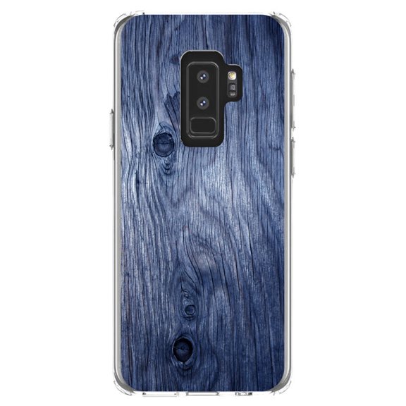 DistinctInk Clear Shockproof Hybrid Case for Samsung Galaxy S9  PLUS (6.2" Screen) - TPU Bumper, Acrylic Back, Tempered Glass Screen Protector - Dark Blue Weathered Wood Grain Print - Printed Image