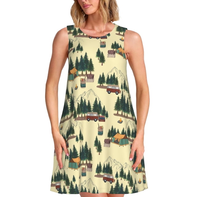 Balery Camping Caravan 1 Vestidos de verano para mujer con estampado: vestido holgado sin mangas, vestido playero informal y cómodo para días calurosos.