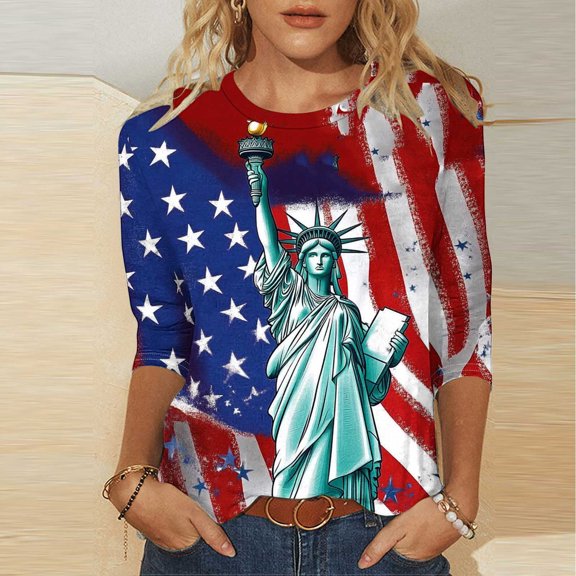 VKOYWKM 3/4 Length Sleeve Womens Tops July 4th Shirt Shirts Crew Neck American Flag Print T Shirts 4th of July Patriotic Memorial Day Tee