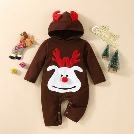 

FZM Christmas Xmas Toddler Kids Baby Boys Girls Cute Cartoon Deer Long Sleeve Hooded Romper Jumpsuit Christmas Outfits Clothes
