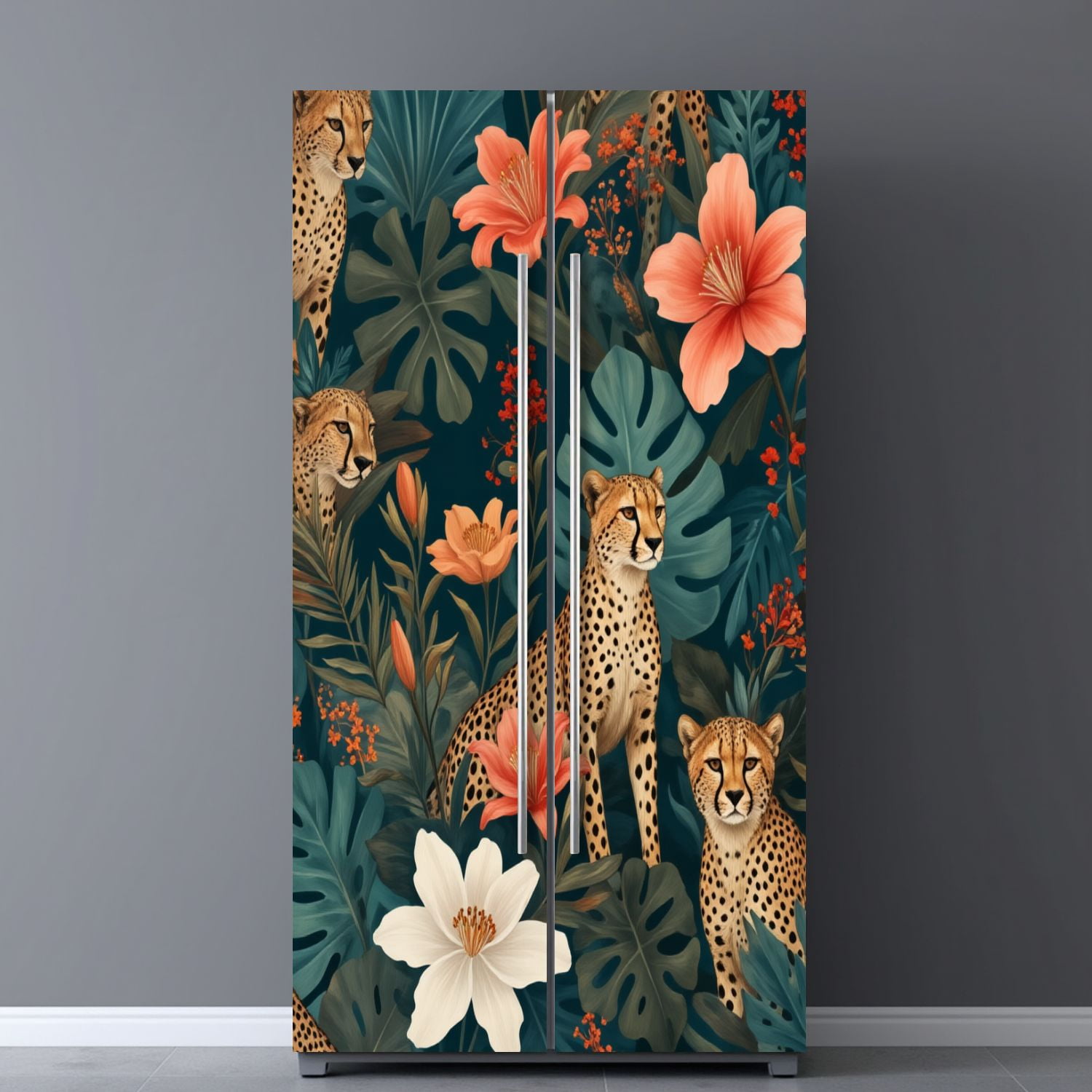 Self Adhesive Vinyl Refrigerator Wrap Set Leopard Floral Tropical Leaves Vibrant Flowers Door Mural Removable Fridge Sticker Peel and Stick&nbsp;Full Door Cover Decal Kitchen Bar Decor
